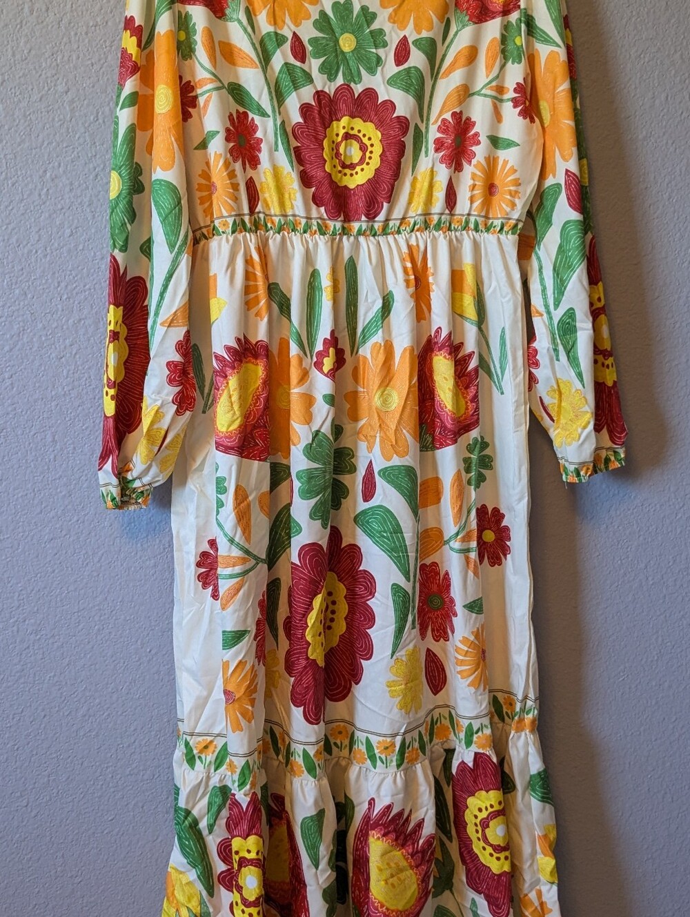 New Floral Tie-Neck Midi Dress in Cream with Red, Yellow & Green Print - Picture 6 of 8